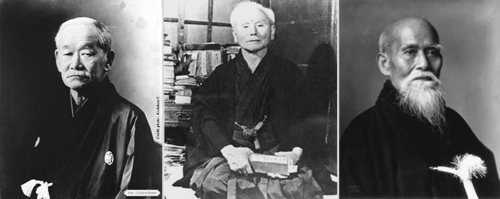 Maîtres Kano, Funakoshi et Ueshiba